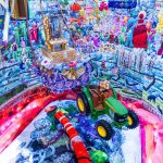 Quilted Mardi Gras-themed exhibit scene at JAMNOLA